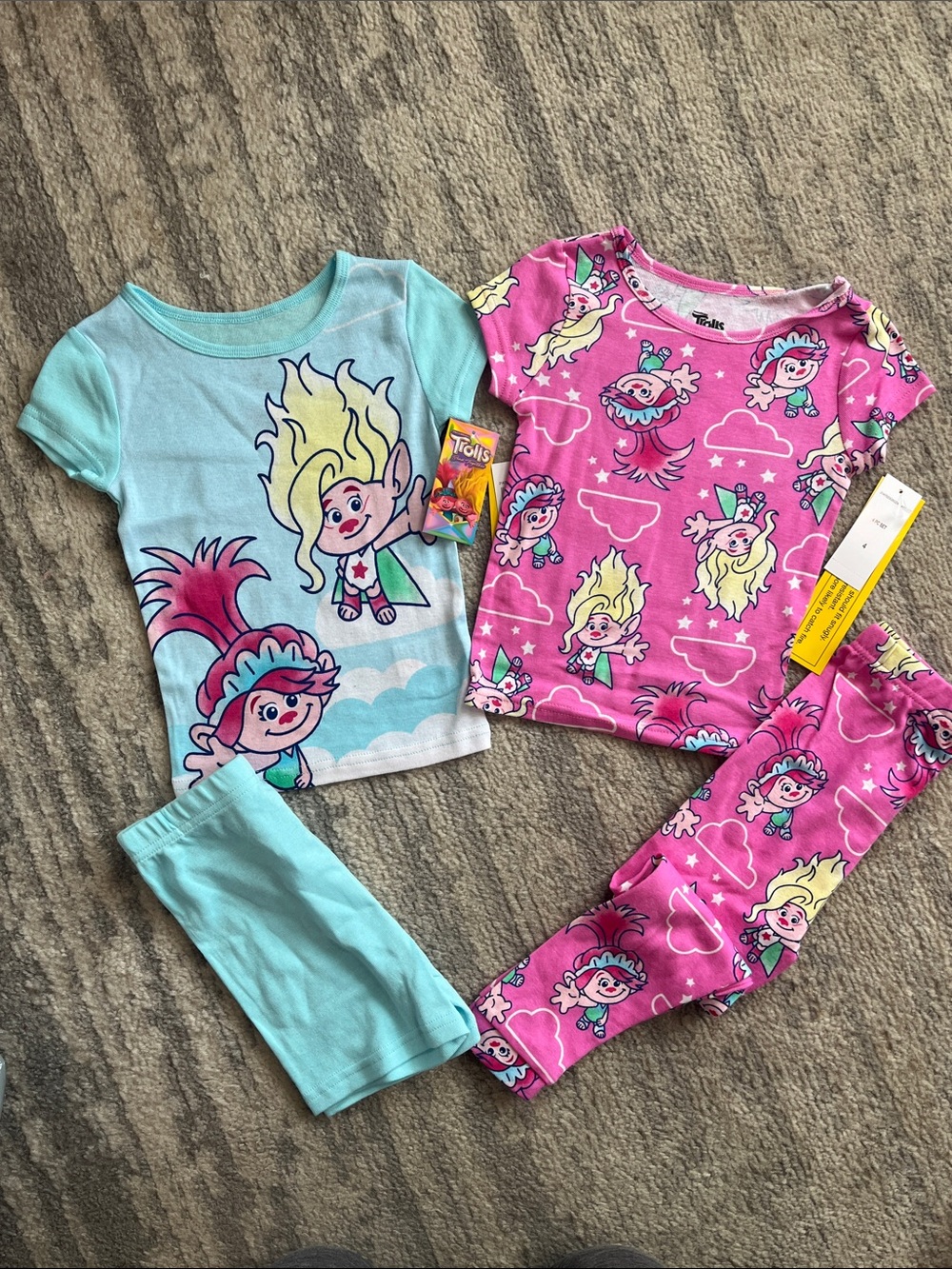 Trolls Girls Pink & Aqua 4 - Piece Pajama Set with Character Prints